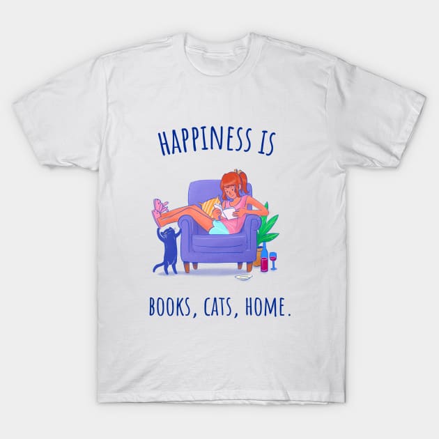 Happiness is Books, Cats, Home - Illustrated T-Shirt by intromerch